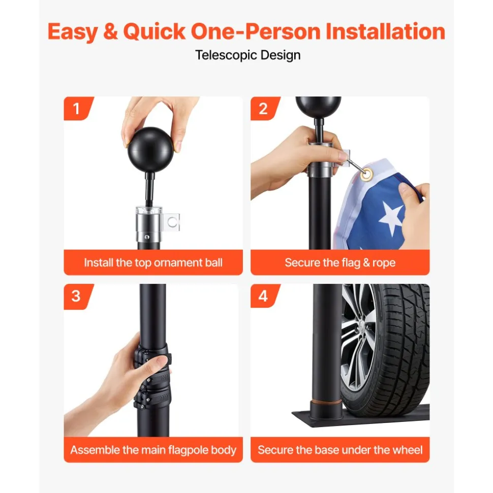 VEVOR Flag Pole, 20ft Heavy Duty Telescopic Flagpole Kit with Mounting Base for Vehicles, Extra Thick Outdoor Aluminum Flagpole Kit with 3x5 American Flag for Sedans, Pickups, RVs, Food Trucks, Black