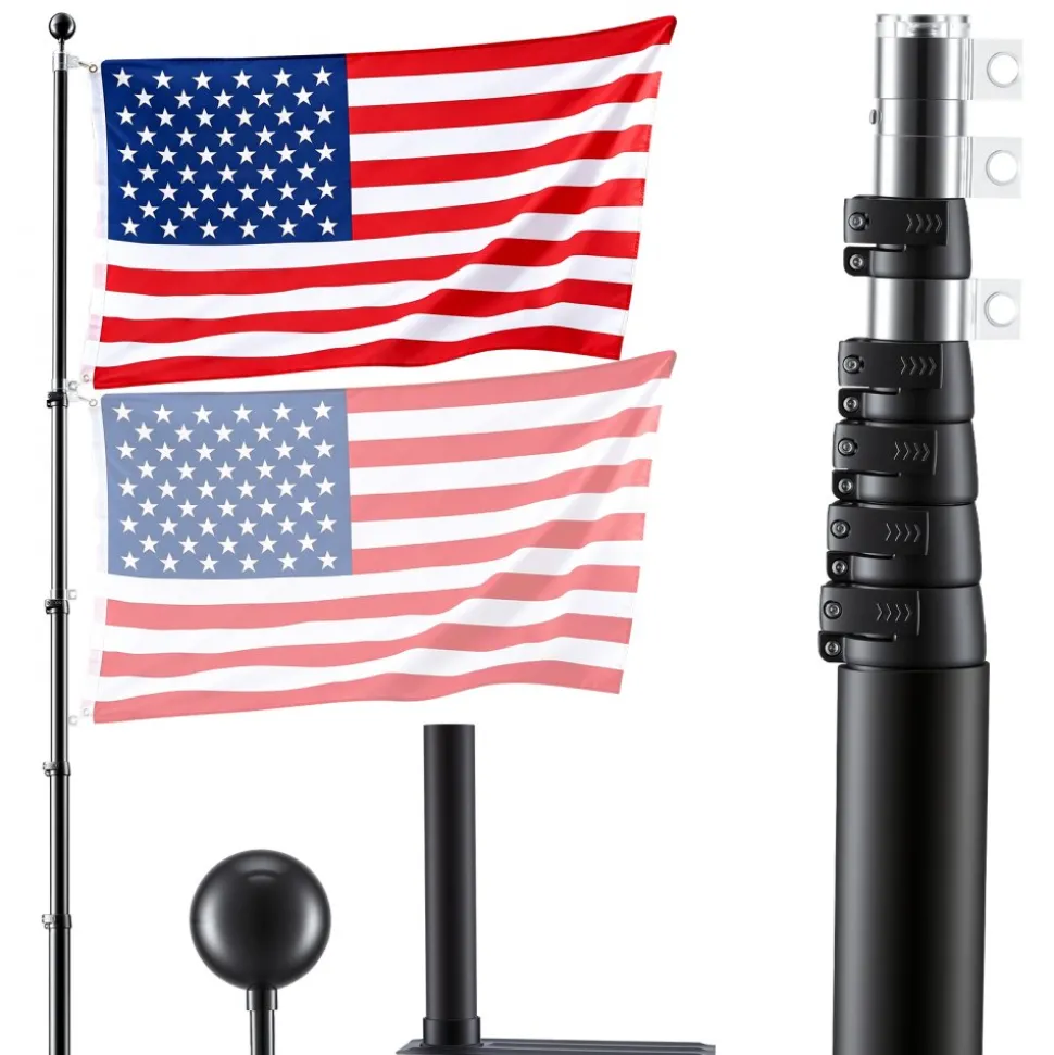 VEVOR Flag Pole, 20ft Heavy Duty Telescopic Flagpole Kit with Mounting Base for Vehicles, Extra Thick Outdoor Aluminum Flagpole Kit with 3x5 American Flag for Sedans, Pickups, RVs, Food Trucks, Black