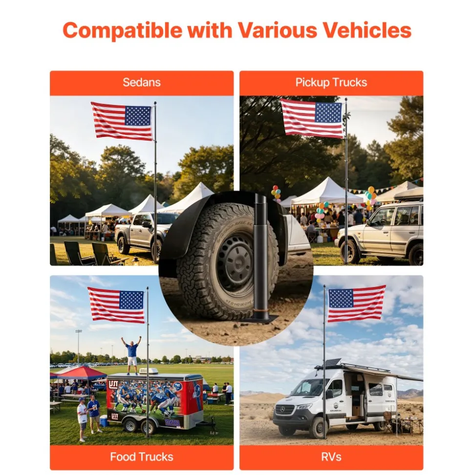 VEVOR Flag Pole, 20ft Heavy Duty Telescopic Flagpole Kit with Mounting Base for Vehicles, Extra Thick Outdoor Aluminum Flagpole Kit with 3x5 American Flag for Sedans, Pickups, RVs, Food Trucks, Black