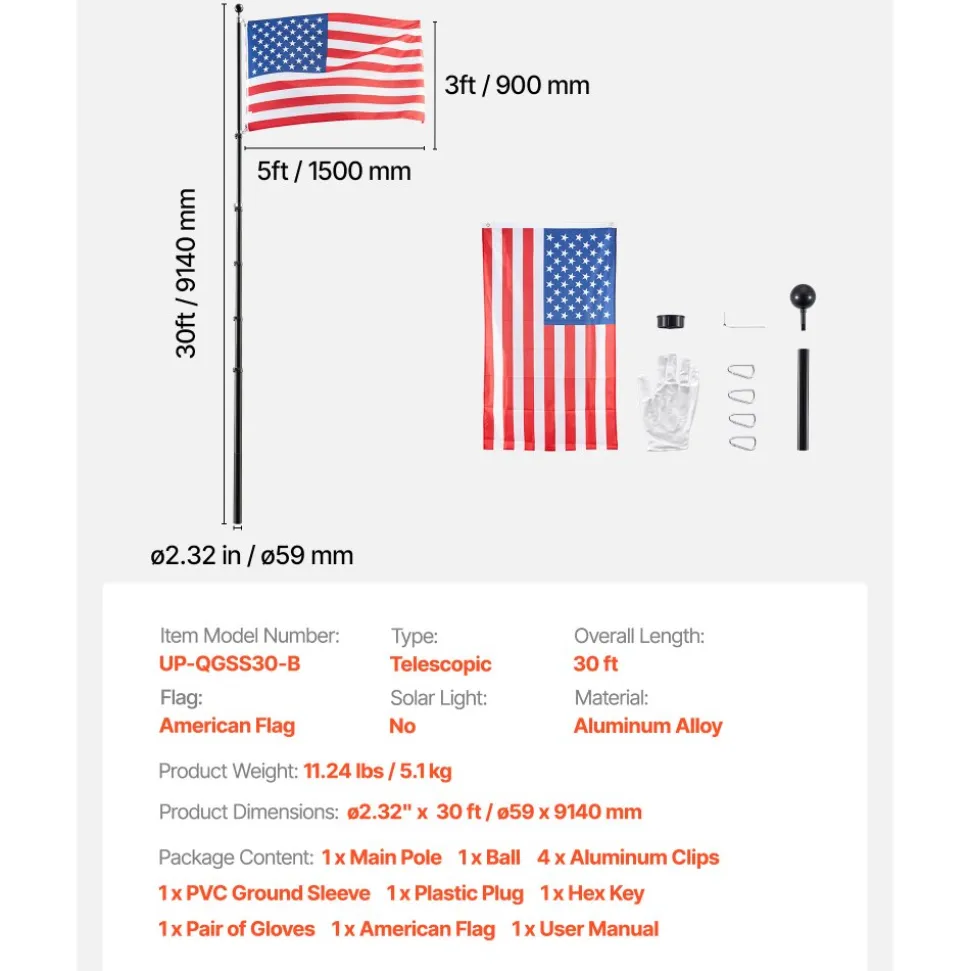 VEVOR Flag Pole, 30ft Heavy Duty Telescopic Flagpole Kit for Outside House In Ground, Extra Thick Outdoor Aluminum Flagpole Kit with 3x5 American Flag for Yard, Residential or Commercial Use, Black