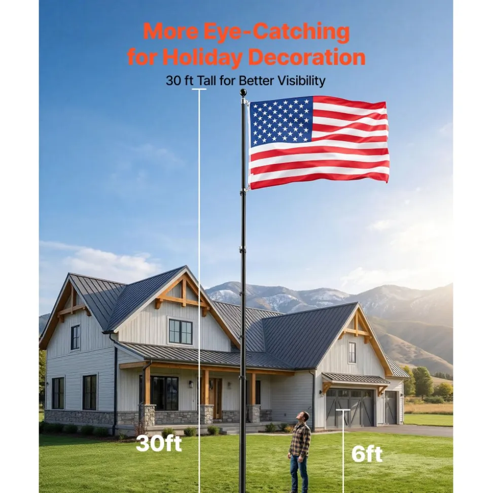 VEVOR Flag Pole, 30ft Heavy Duty Telescopic Flagpole Kit for Outside House In Ground, Extra Thick Outdoor Aluminum Flagpole Kit with 3x5 American Flag for Yard, Residential or Commercial Use, Black