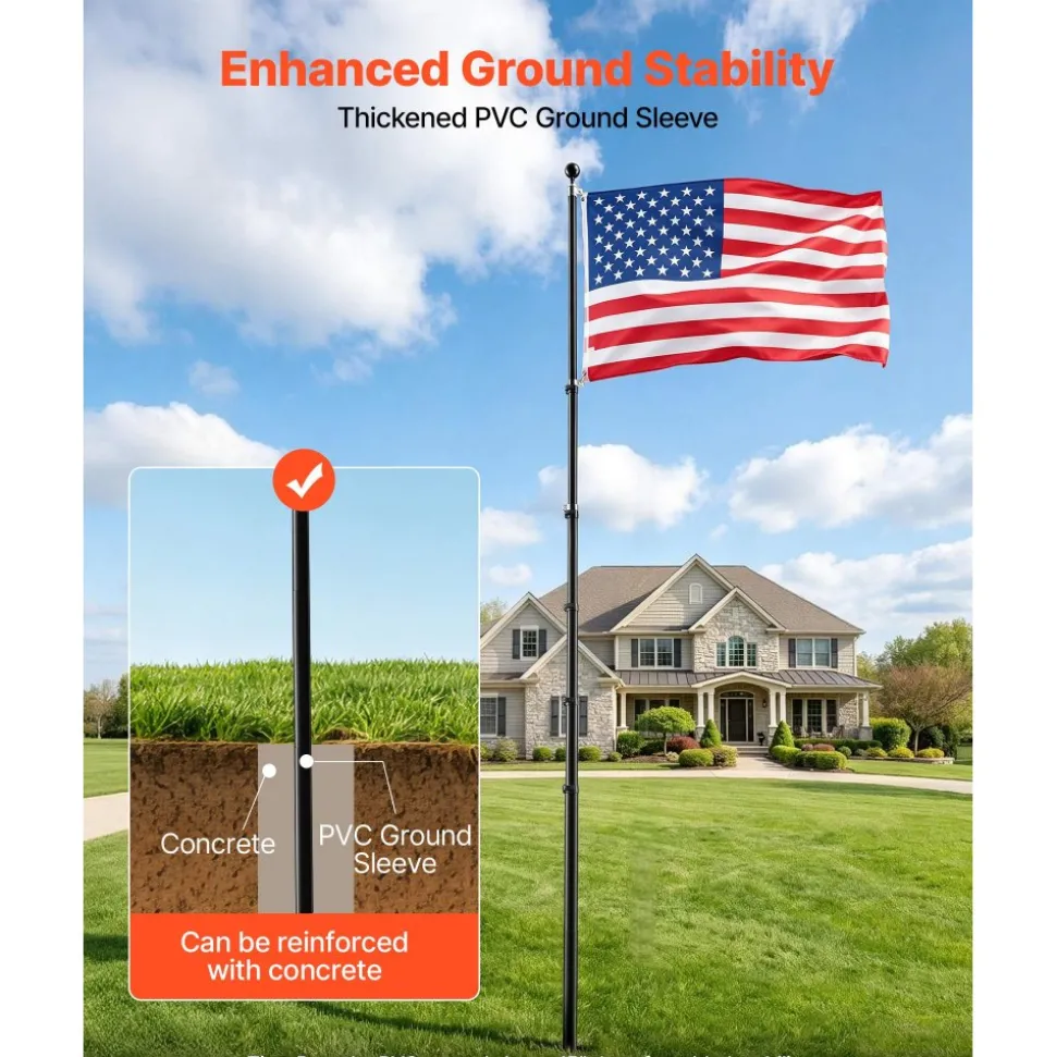 VEVOR Flag Pole, 30ft Heavy Duty Telescopic Flagpole Kit for Outside House In Ground, Extra Thick Outdoor Aluminum Flagpole Kit with 3x5 American Flag for Yard, Residential or Commercial Use, Black