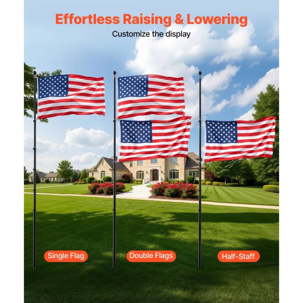 VEVOR Flag Pole, 30ft Heavy Duty Telescopic Flagpole Kit for Outside House In Ground, Extra Thick Outdoor Aluminum Flagpole Kit with 3x5 American Flag for Yard, Residential or Commercial Use, Black