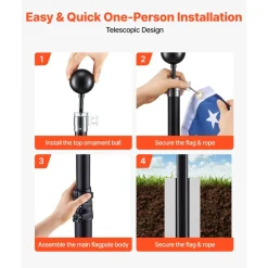 VEVOR Flag Pole, 30ft Heavy Duty Telescopic Flagpole Kit for Outside House In Ground, Extra Thick Outdoor Aluminum Flagpole Kit with 3x5 American Flag for Yard, Residential or Commercial Use, Black