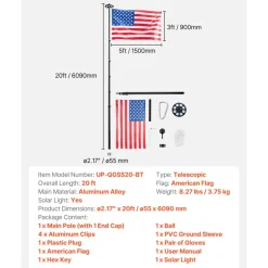 VEVOR Flag Pole, 20ft Heavy Duty Telescopic Flagpole Kit with 136 LED Solar Light for Outside House In Ground, Outdoor Aluminum Flagpole with 3x5 American Flag for Yard, Residential, Commercial, Black
