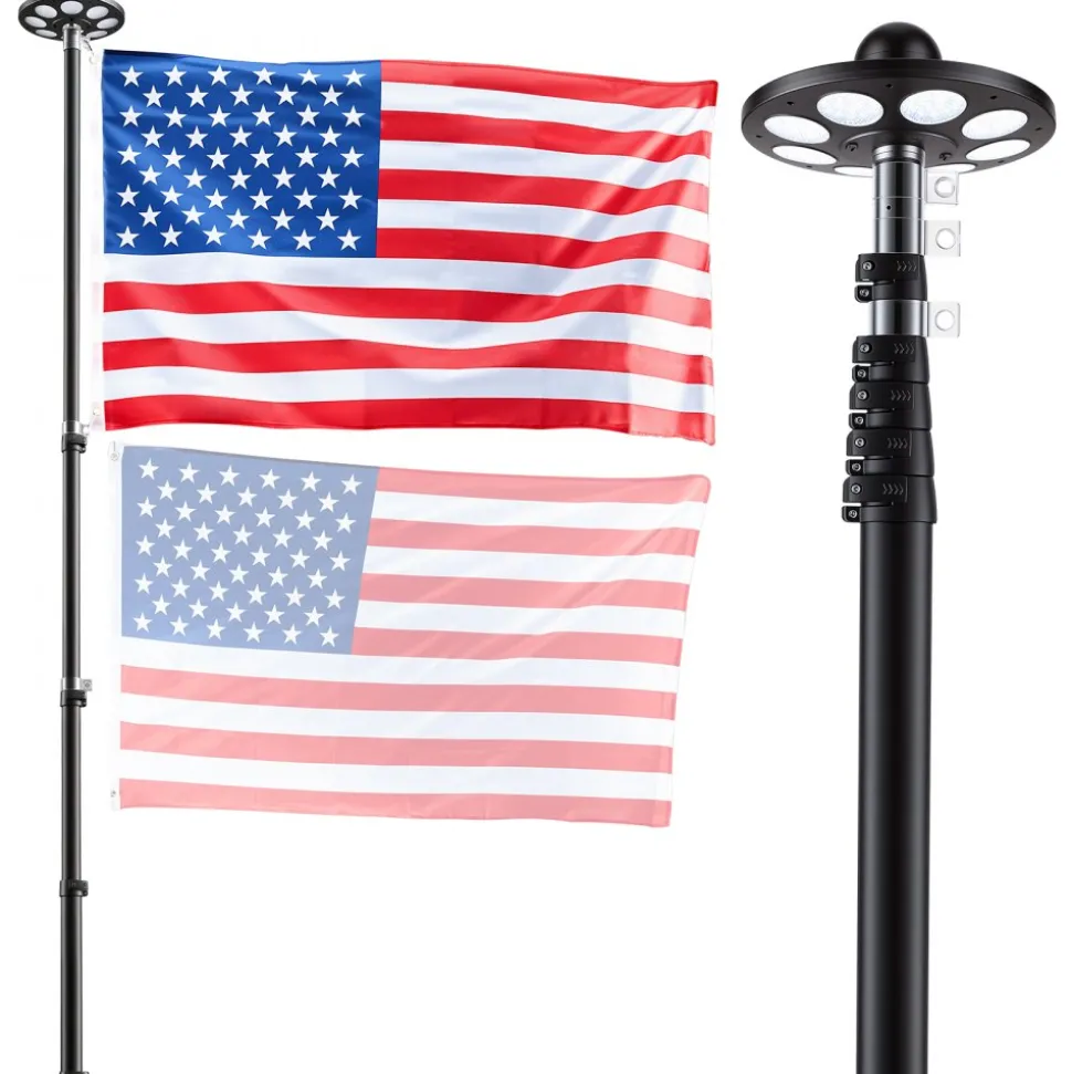 VEVOR Flag Pole, 20ft Heavy Duty Telescopic Flagpole Kit with 136 LED Solar Light for Outside House In Ground, Outdoor Aluminum Flagpole with 3x5 American Flag for Yard, Residential, Commercial, Black
