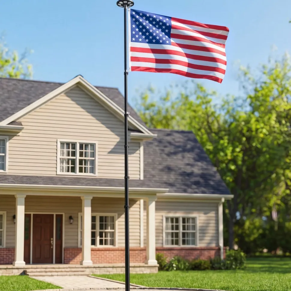 VEVOR Flag Pole, 20ft Heavy Duty Telescopic Flagpole Kit with 136 LED Solar Light for Outside House In Ground, Outdoor Aluminum Flagpole with 3x5 American Flag for Yard, Residential, Commercial, Black
