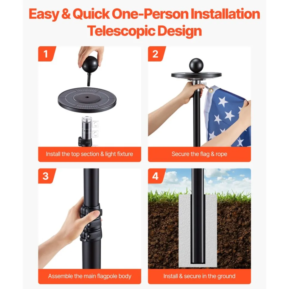 VEVOR Flag Pole, 20ft Heavy Duty Telescopic Flagpole Kit with 136 LED Solar Light for Outside House In Ground, Outdoor Aluminum Flagpole with 3x5 American Flag for Yard, Residential, Commercial, Black