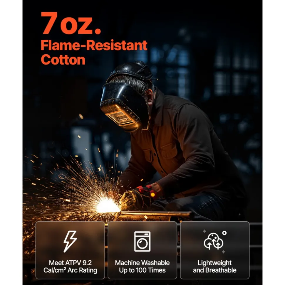 VEVOR Flame Resistant Welding Jacket, 7oz. FR Shirts for Men, Machine Washable Cotton Heat-Resistant Welding Shirt, Meets ATPV 9.2 Cal/cm² Arc Rating - XXL Size