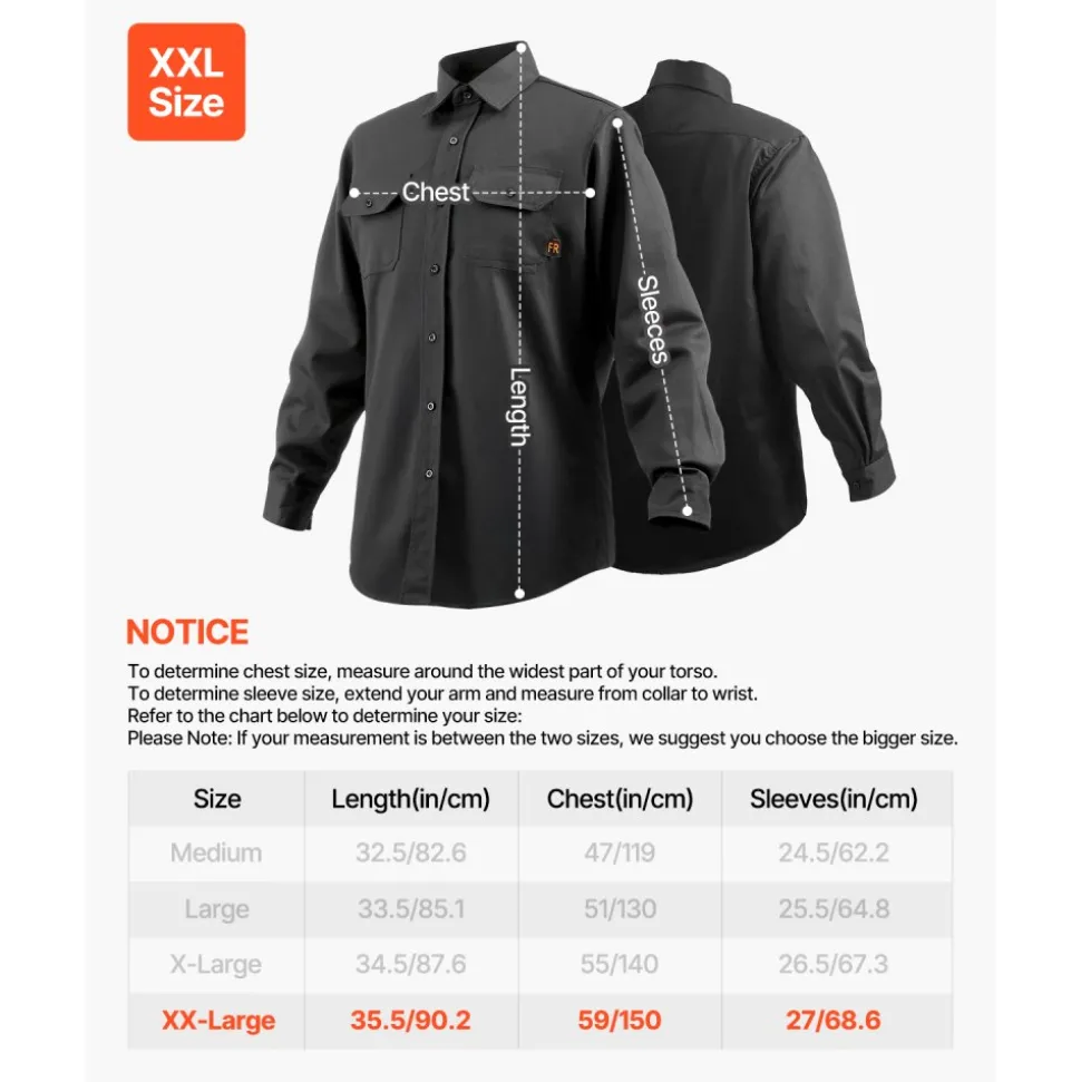 VEVOR Flame Resistant Welding Jacket, 7oz. FR Shirts for Men, Machine Washable Cotton Heat-Resistant Welding Shirt, Meets ATPV 9.2 Cal/cm² Arc Rating - XXL Size