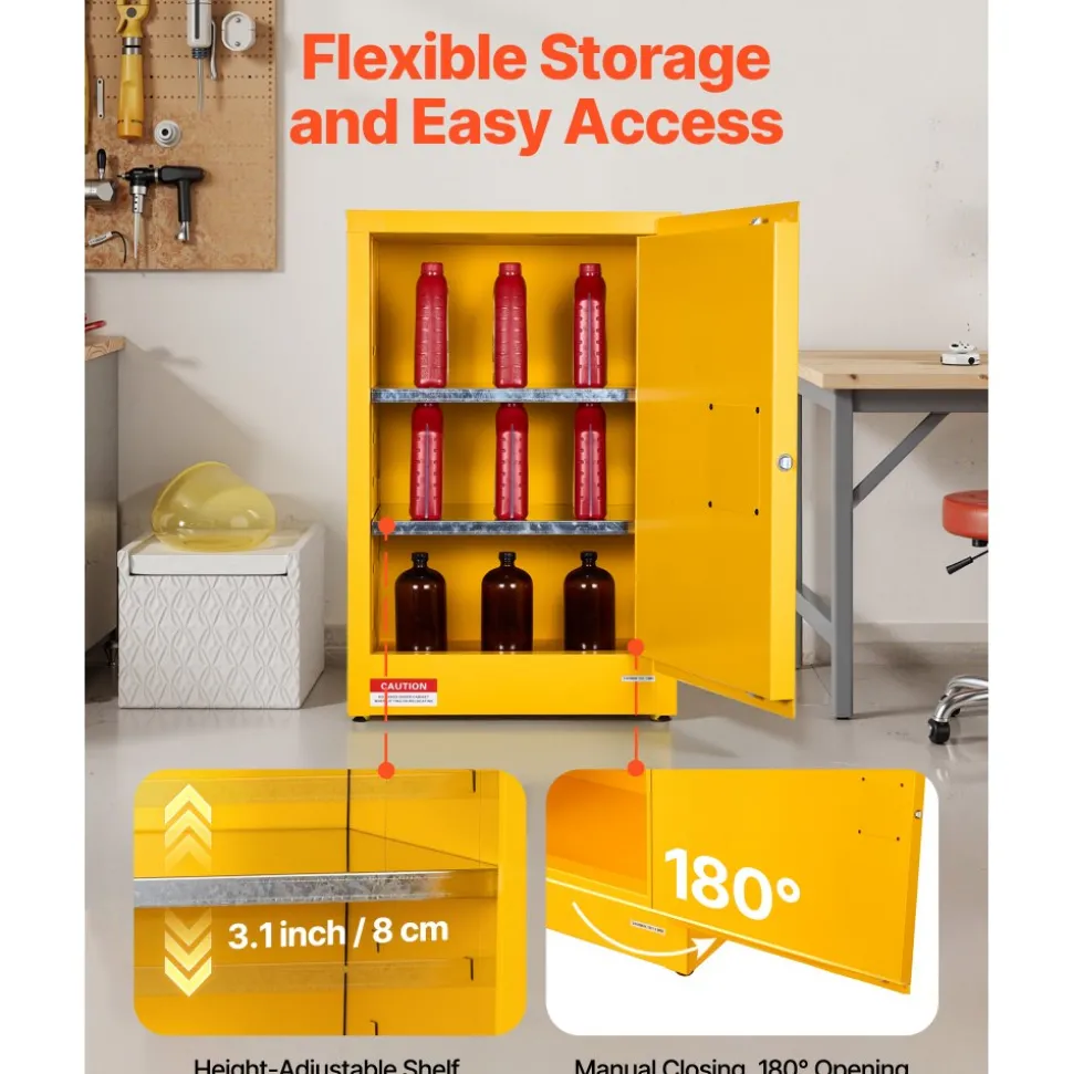 VEVOR Flammable Cabinet, 23.2 x 18.1 x 35.4 Inch, 13 Gallon Flammable Storage Cabinet with Adjustable Shelf, Cold-Rolled and Galvanized Steel Fire Cabinets, for Commercial Industrial Home Use, Yellow