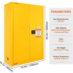 VEVOR Flammable Safety Cabinet, 45 Gal, Cold-Rolled Steel Flammable Liquid Storage Cabinet, 42.9 x 18.1 x 65.2 in Explosion Proof with 2 Adjustable Shelves 2 Manual Doors for Industrial Use, Yellow