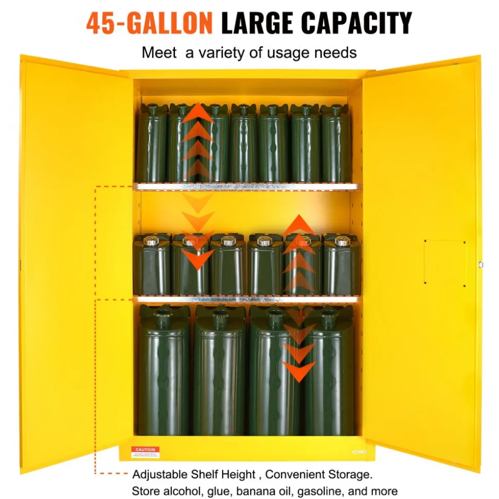 VEVOR Flammable Safety Cabinet, 45 Gal, Cold-Rolled Steel Flammable Liquid Storage Cabinet, 42.9 x 18.1 x 65.2 in Explosion Proof with 2 Adjustable Shelves 2 Manual Doors for Industrial Use, Yellow