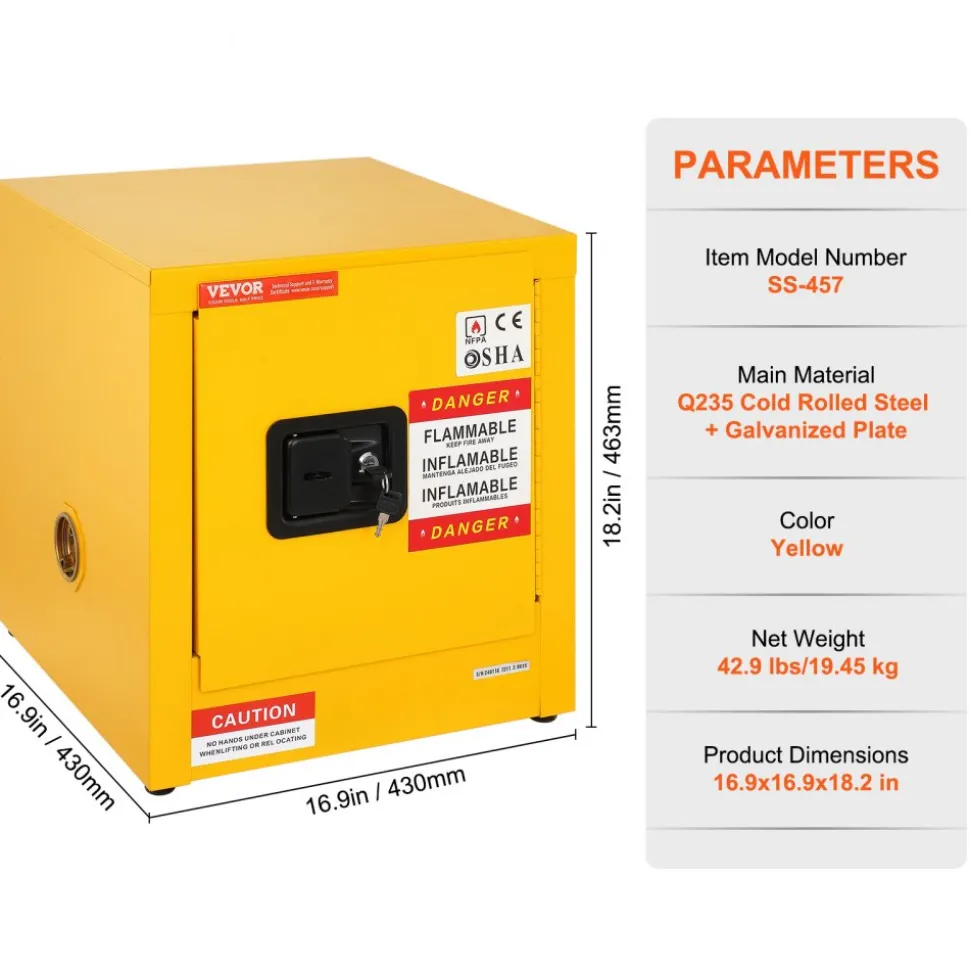 VEVOR Flammable Safety Cabinet, 11 Gal, Cold-Rolled Steel Flammable Liquid Storage Cabinet, 16.9 x 16.9 x 18.2 in Explosion Proof with 1 Door for Industrial Use, NFPA Code 30 OSHA Standards Yellow