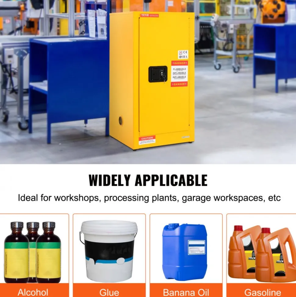 VEVOR Flammable Safety Cabinet, 16 Gal, Cold-Rolled Steel Flammable Liquid Storage Cabinet, 18.1 x 18.1 x 35.4 in Explosion Proof with 2 Adjustable Shelves 1 Door for Commercial Industrial Use, Yellow
