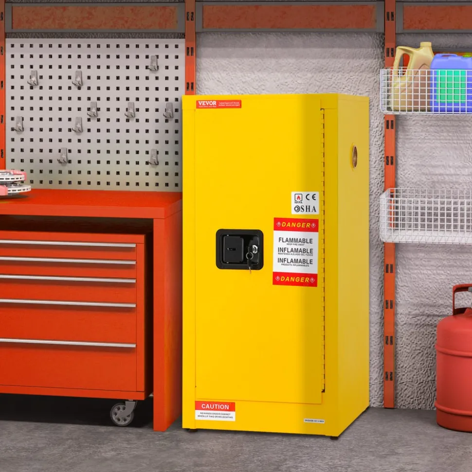 VEVOR Flammable Safety Cabinet, 16 Gal, Cold-Rolled Steel Flammable Liquid Storage Cabinet, 18.1 x 18.1 x 35.4 in Explosion Proof with 2 Adjustable Shelves 1 Door for Commercial Industrial Use, Yellow