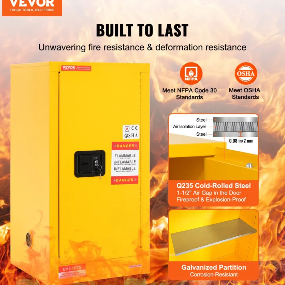 VEVOR Flammable Safety Cabinet, 16 Gal, Cold-Rolled Steel Flammable Liquid Storage Cabinet, 18.1 x 18.1 x 35.4 in Explosion Proof with 2 Adjustable Shelves 1 Door for Commercial Industrial Use, Yellow