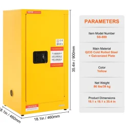 VEVOR Flammable Safety Cabinet, 16 Gal, Cold-Rolled Steel Flammable Liquid Storage Cabinet, 18.1 x 18.1 x 35.4 in Explosion Proof with 2 Adjustable Shelves 1 Door for Commercial Industrial Use, Yellow