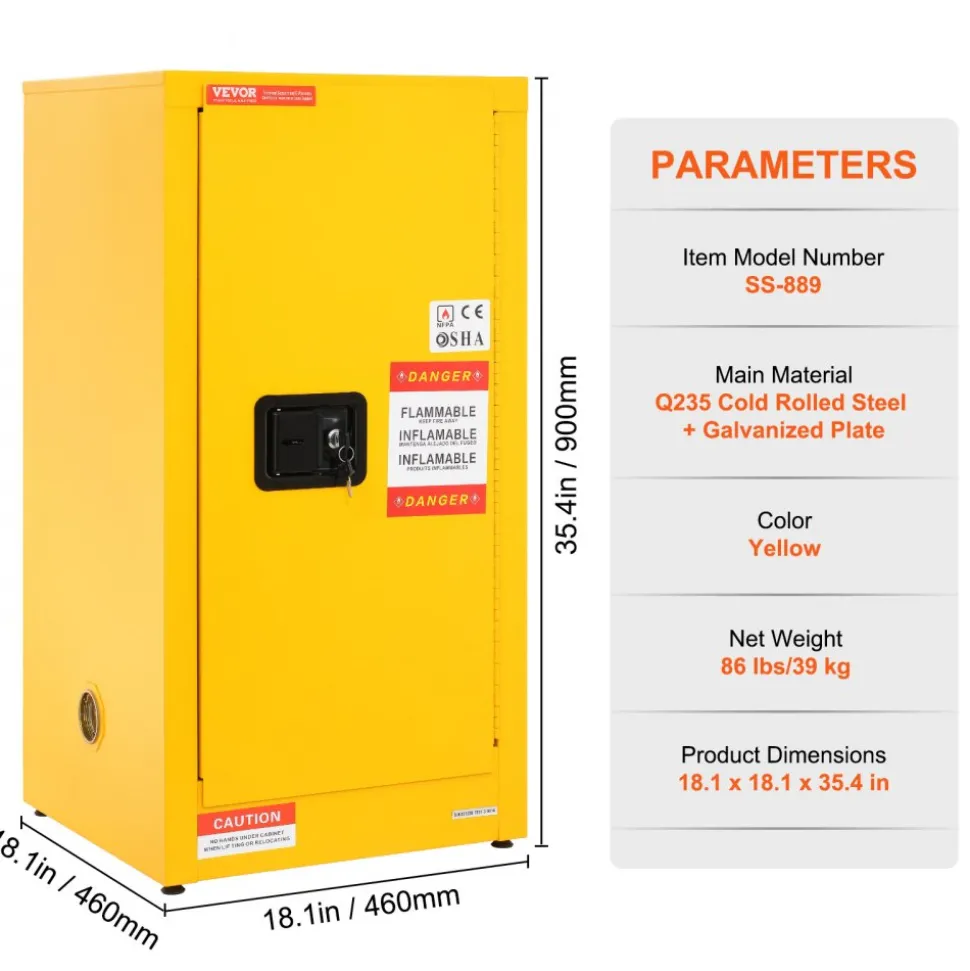 VEVOR Flammable Safety Cabinet, 16 Gal, Cold-Rolled Steel Flammable Liquid Storage Cabinet, 18.1 x 18.1 x 35.4 in Explosion Proof with 2 Adjustable Shelves 1 Door for Commercial Industrial Use, Yellow
