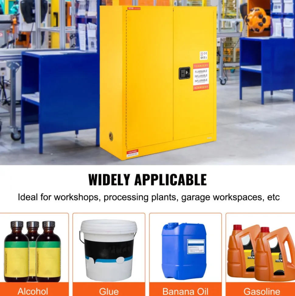VEVOR Flammable Storage Cabinet 34 Gal, 43.1x18.1x50.1 inch Cold-Rolled Steel Flammable Liquid Storage Cabinet Explosion Proof with 1 Adjustable Shelf 2 Manual Closing Doors for Industrial Use, Yellow