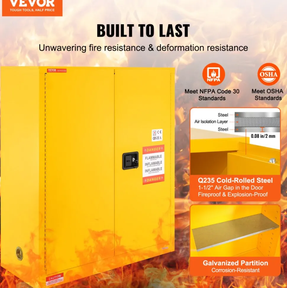 VEVOR Flammable Storage Cabinet 34 Gal, 43.1x18.1x50.1 inch Cold-Rolled Steel Flammable Liquid Storage Cabinet Explosion Proof with 1 Adjustable Shelf 2 Manual Closing Doors for Industrial Use, Yellow