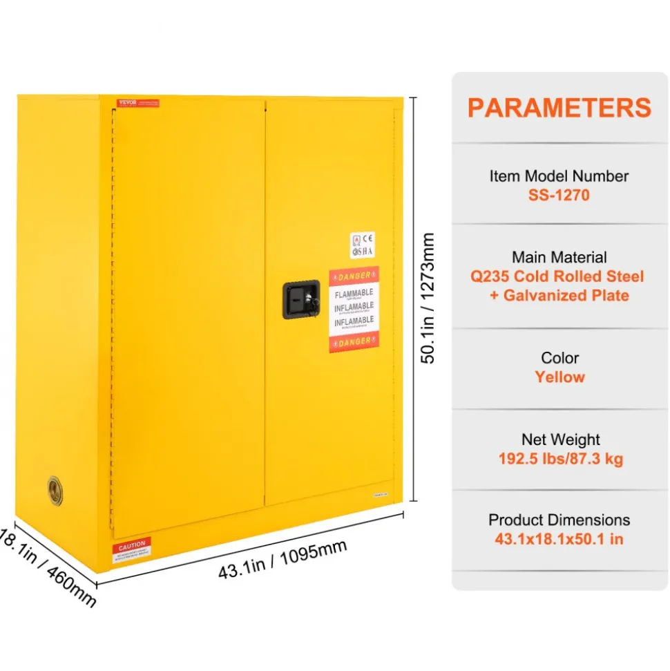 VEVOR Flammable Storage Cabinet 34 Gal, 43.1x18.1x50.1 inch Cold-Rolled Steel Flammable Liquid Storage Cabinet Explosion Proof with 1 Adjustable Shelf 2 Manual Closing Doors for Industrial Use, Yellow