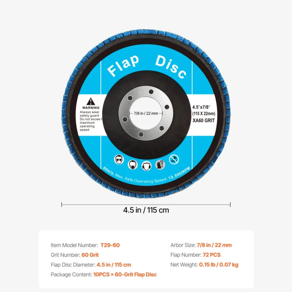 VEVOR Flap Discs 60 Grit, 4-1/2" x 7/8" Flap Discs for Angle Grinder, Type 29 Zirconia Flap Sanding Disc, Bevel Type Abrasive Grinding Wheels for Deburring, Rust Removal, Sanding, Finishing (10 Pack)
