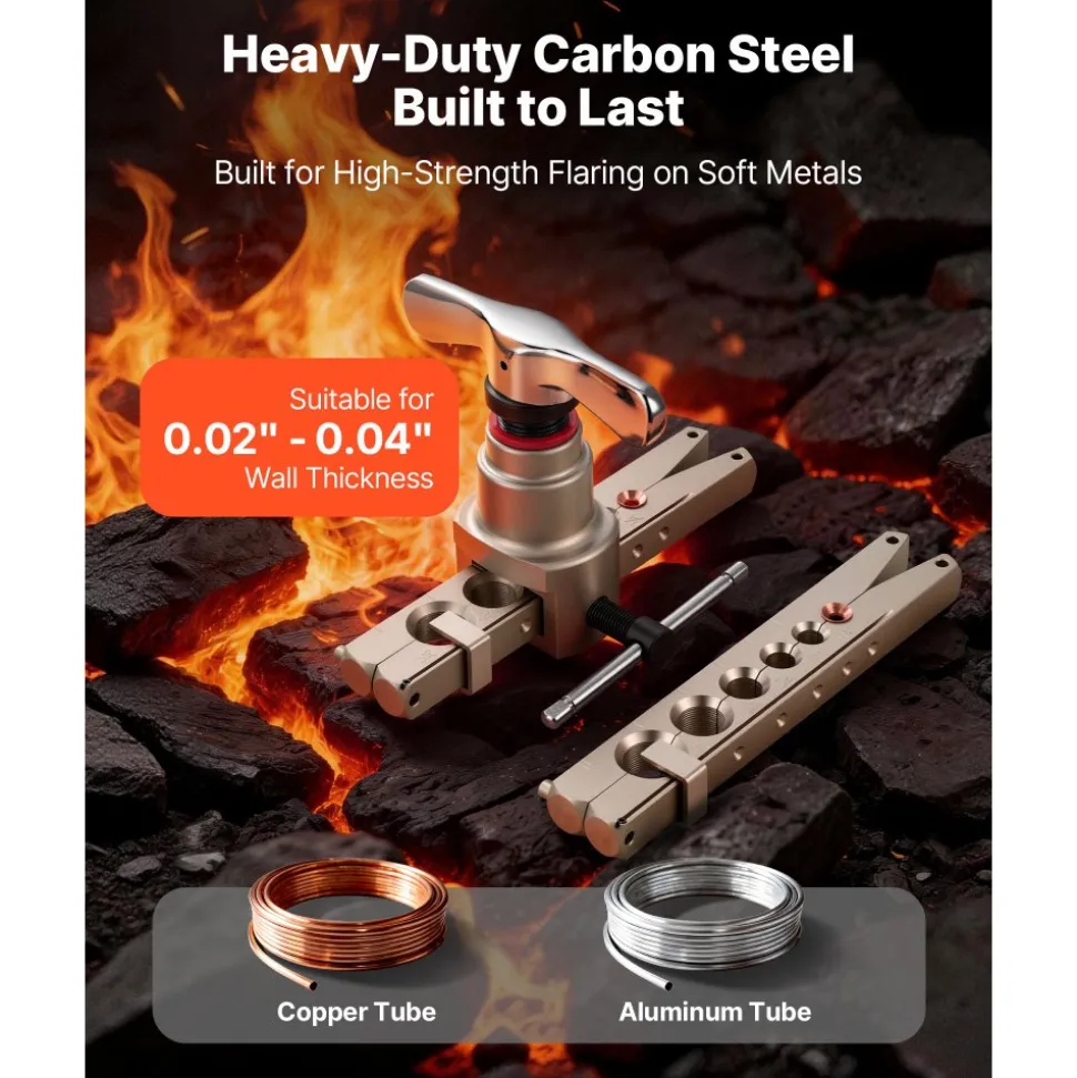 VEVOR Flaring Tool HVAC, 45° Eccentric Single Flaring Tool for 1/4"-3/4" & 6-19mm Copper Aluminum Tubes - with Metric & SAE Clamps, Tube Cutter & Toolbox for Refrigeration Air Conditioner Repair