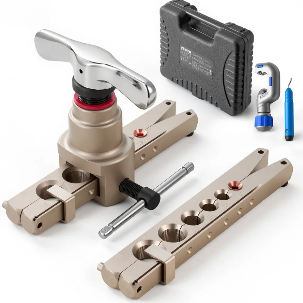 VEVOR Flaring Tool HVAC, 45° Eccentric Single Flaring Tool for 1/4"-3/4" & 6-19mm Copper Aluminum Tubes - with Metric & SAE Clamps, Tube Cutter & Toolbox for Refrigeration Air Conditioner Repair