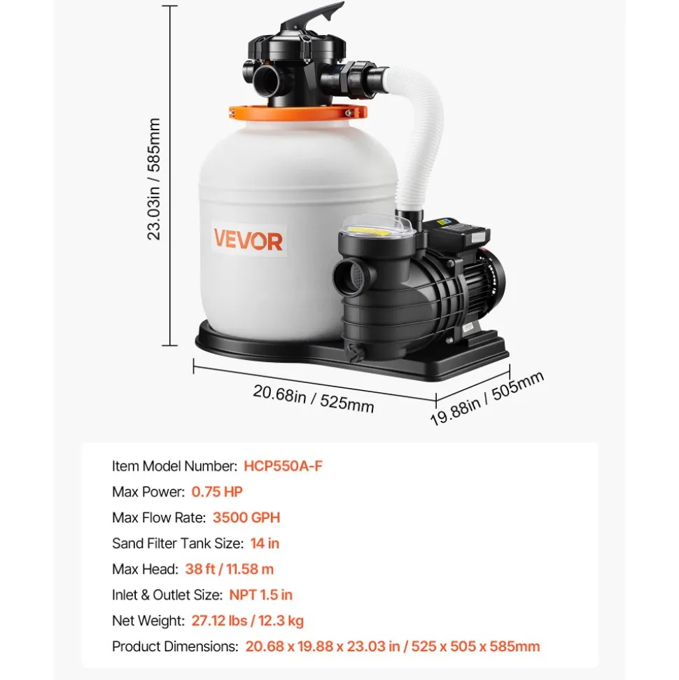 VEVOR FlashPure Sand Filter Pump, 14 in for Above Ground Pool, 0.75 HP 3500 GPH, Swimming Pool Filter System with Timer, 6X Faster Filtration, Media Installed, Leak-Resistant, Ready to Use Out of Box