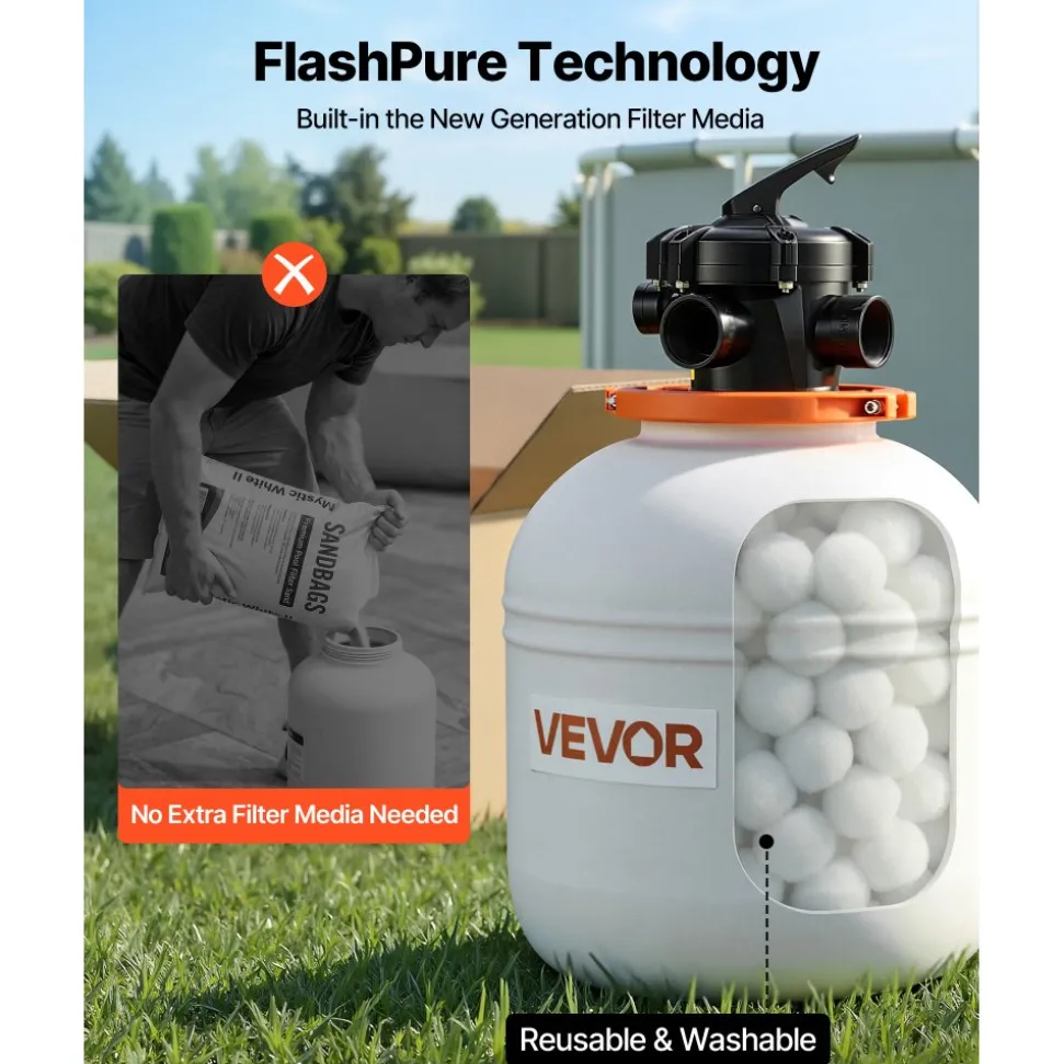 VEVOR FlashPure Sand Filter Pump, 14 in for Above Ground Pool, 0.75 HP 3500 GPH, Swimming Pool Filter System with Timer, 6X Faster Filtration, Media Installed, Leak-Resistant, Ready to Use Out of Box