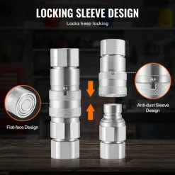 VEVOR 1/2" Flat Face Hydraulic Couplers, 1/2" NPT Skid Steer Hydraulic Quick Connect Couplers with 4 Dust Caps (ISO16028)