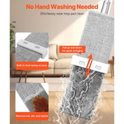 VEVOR Flat Mop, Self Wringing, Microfiber Floor Mop with 4 Reusable & Washable Mop Pads for Dry & Wet Floor Cleaning, Microfiber Flat Mop with Stainless Steel Handle for Hardwood Laminate Tile Vinyl