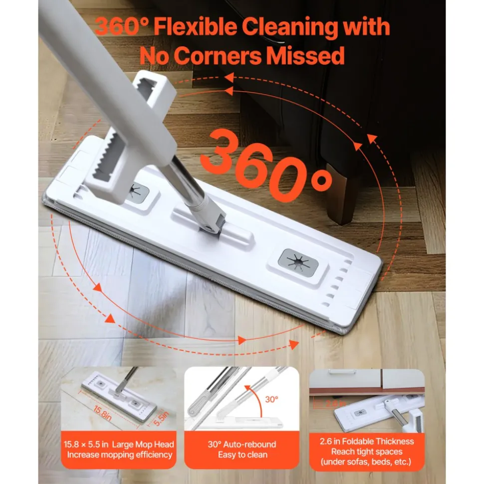 VEVOR Flat Mop, Self Wringing, Microfiber Floor Mop with 4 Reusable & Washable Mop Pads for Dry & Wet Floor Cleaning, Microfiber Flat Mop with Stainless Steel Handle for Hardwood Laminate Tile Vinyl