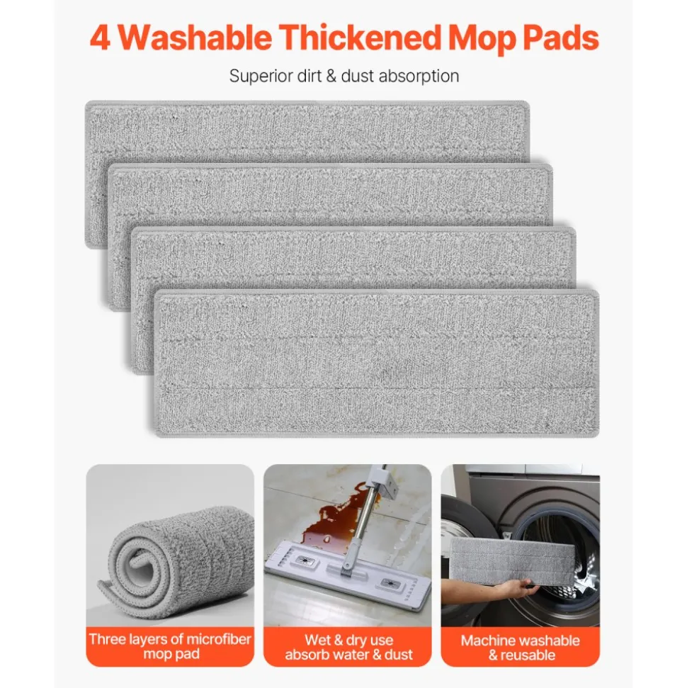 VEVOR Flat Mop, Self Wringing, Microfiber Floor Mop with 4 Reusable & Washable Mop Pads for Dry & Wet Floor Cleaning, Microfiber Flat Mop with Stainless Steel Handle for Hardwood Laminate Tile Vinyl