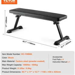 VEVOR Flat Weight Bench, Foldable Strength Training Bench, Utility Workout Bench for Full Body Workout, 1000 LBS Press Bench for Home Gym Exercise, for Multi-Purpose Weight Training and Ab Exercises