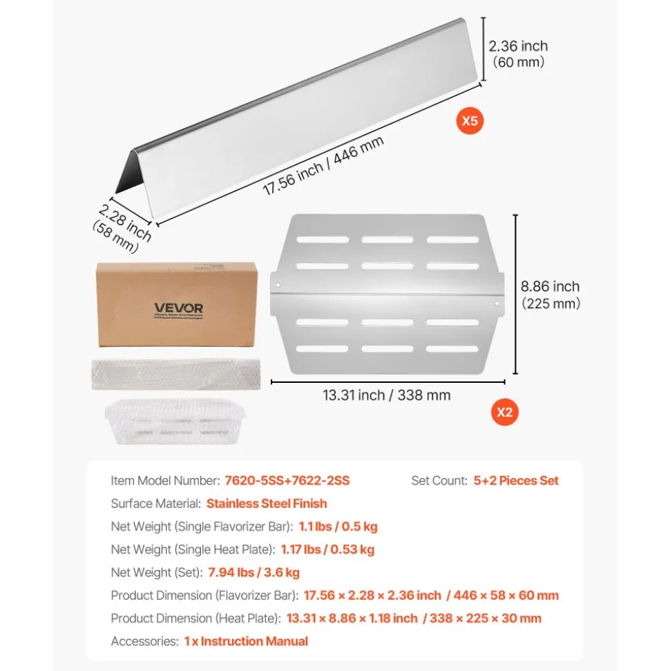 VEVOR Flavorizer Bars and Heat Deflectors, 17 inch Grill Replacement Part, for Weber Genesis 300 Series Grills, Including E310 E320 E330 S310 S320 S330, Stainless Steel Thicker Heat Plate, 7 Pack