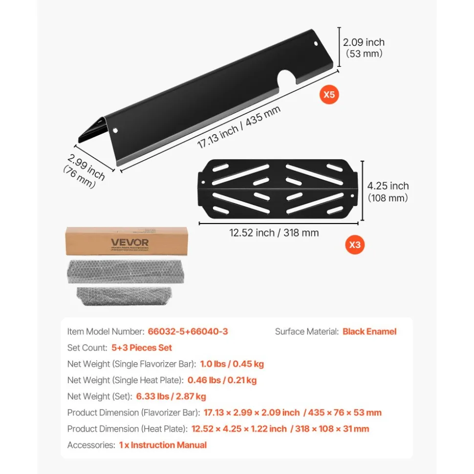 VEVOR Flavorizer Bars and Heat Deflectors, 17 in Grill Replacement Part, for Weber Genesis ll 310 315 335 340, E/S 325s, ES/SX 325s, E/S 335, EX/SX/EPX-335 Grills, Porcelain-enameled Steel, 8 Pack