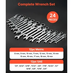 VEVOR Flex-Head Ratcheting Wrench Set, 24-Piece SAE and Metric, 72 Teeth, Cr-V Steel Ratchet Flexible Combination Wrench Set with Storage Case, for General Household and Automotive Repairs, Black