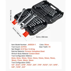 VEVOR Flex-Head Ratcheting Wrench Set, 24-Piece SAE and Metric, 72 Teeth, Cr-V Steel Ratchet Flexible Combination Wrench Set with Storage Case, for General Household and Automotive Repairs, Black