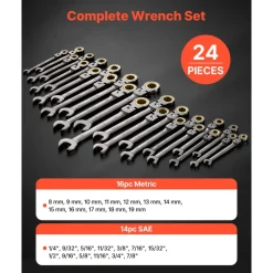 VEVOR Flex-Head Ratcheting Wrench Set, 24-Piece SAE and Metric, 72 Teeth, Cr-V Steel Ratchet Flexible Combination Wrench Set with Storage Case, for General Household, Automotive Repairs, Gray Nickel