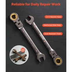 VEVOR Flex-Head Ratcheting Wrench Set, 24-Piece SAE and Metric, 72 Teeth, Cr-V Steel Ratchet Flexible Combination Wrench Set with Storage Case, for General Household, Automotive Repairs, Gray Nickel