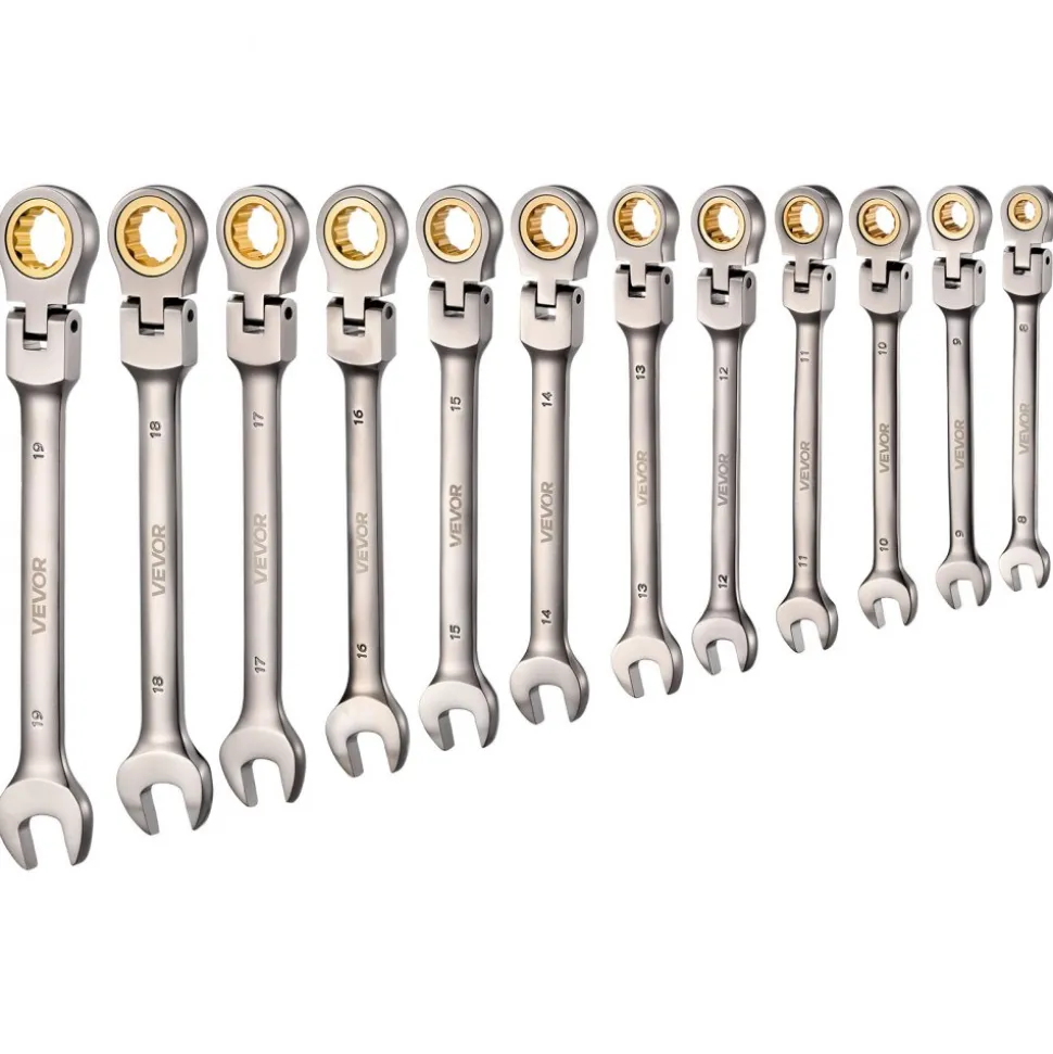VEVOR Flex-Head Ratcheting Wrench Set, 12-Piece Metric 8 mm to 19 mm, 72 Teeth, Cr-V Steel Ratchet Flexible Combination Wrench Set with Roll Up Pouch, for General Household and Automotive Repairs