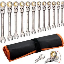 VEVOR Flex-Head Ratcheting Wrench Set, 12-Piece Metric 8 mm to 19 mm, 72 Teeth, Cr-V Steel Ratchet Flexible Combination Wrench Set with Roll Up Pouch, for General Household and Automotive Repairs