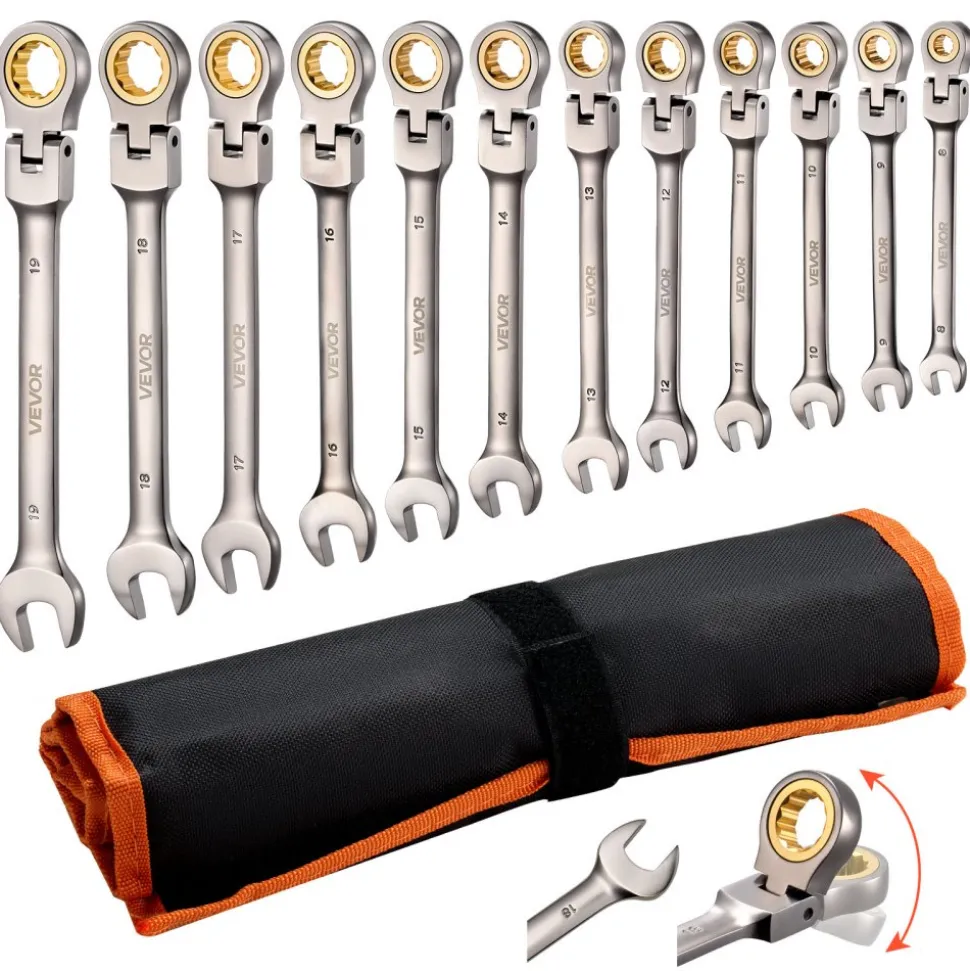 VEVOR Flex-Head Ratcheting Wrench Set, 12-Piece Metric 8 mm to 19 mm, 72 Teeth, Cr-V Steel Ratchet Flexible Combination Wrench Set with Roll Up Pouch, for General Household and Automotive Repairs
