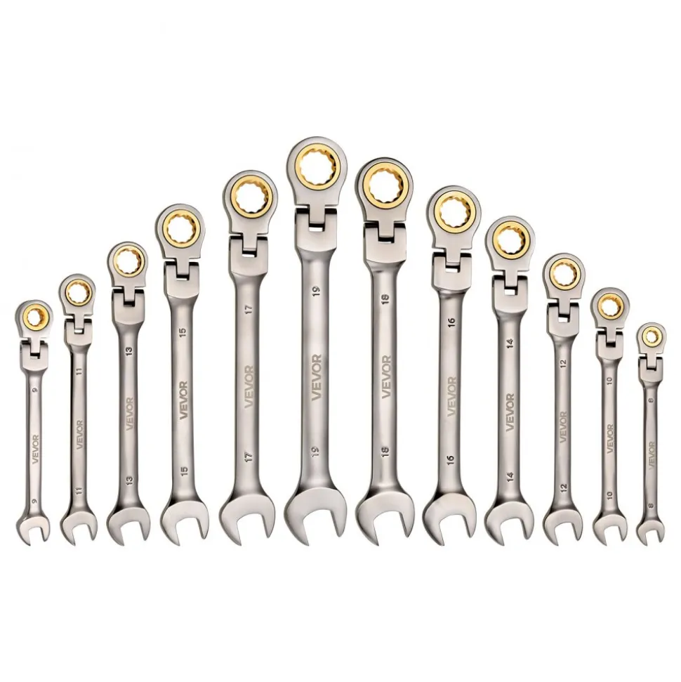 VEVOR Flex-Head Ratcheting Wrench Set, 12-Piece Metric 8 mm to 19 mm, 72 Teeth, Cr-V Steel Ratchet Flexible Combination Wrench Set with Roll Up Pouch, for General Household and Automotive Repairs
