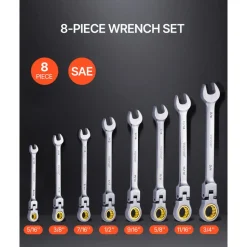 VEVOR Flex-Head Ratcheting Wrench Set, 8-piece Combination Wrench Set with Roll-up Pouch, Cr-V Steel Flexible Ratcheting Wrench Set SAE 5/16" to 3/4", Ideal for General Household, Workshop, Garage