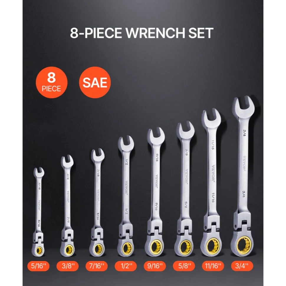 VEVOR Flex-Head Ratcheting Wrench Set, 8-piece Combination Wrench Set with Roll-up Pouch, Cr-V Steel Flexible Ratcheting Wrench Set SAE 5/16" to 3/4", Ideal for General Household, Workshop, Garage