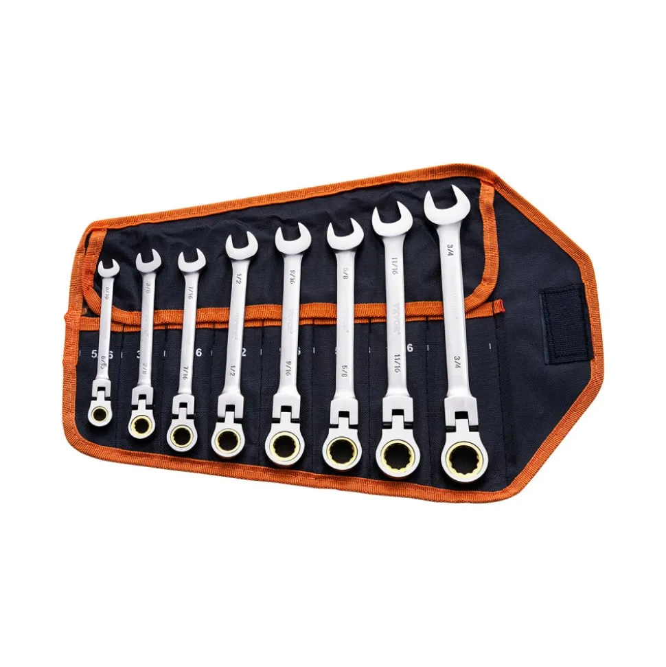 VEVOR Flex-Head Ratcheting Wrench Set, 8-piece Combination Wrench Set with Roll-up Pouch, Cr-V Steel Flexible Ratcheting Wrench Set SAE 5/16" to 3/4", Ideal for General Household, Workshop, Garage