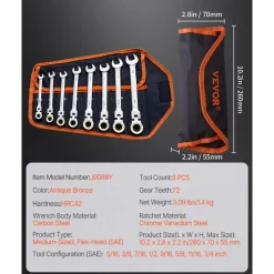 VEVOR Flex-Head Ratcheting Wrench Set, 8-piece Combination Wrench Set with Roll-up Pouch, Cr-V Steel Flexible Ratcheting Wrench Set SAE 5/16